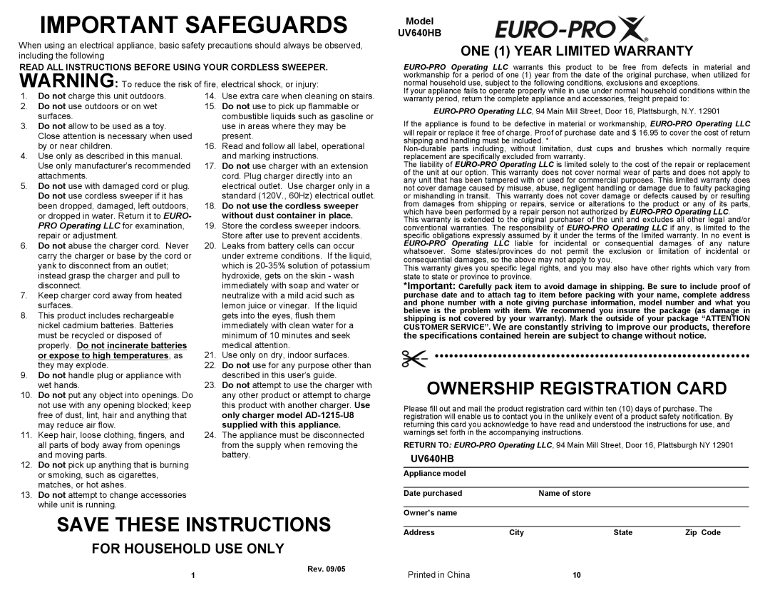Euro-Pro owner manual Save These Instructions, ONE 1 YEAR LIMITED WARRANTY, For Household Use Only, Model UV640HB 
