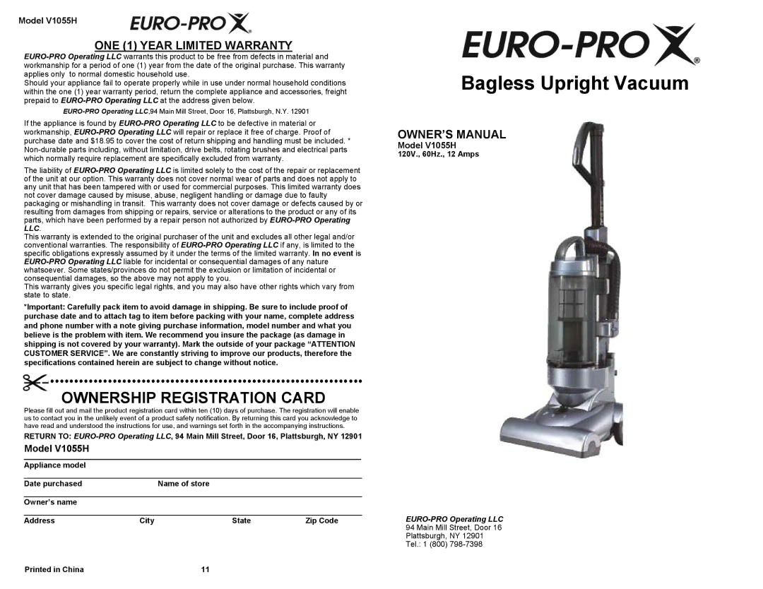 Euro-Pro owner manual ONE 1 Year Limited Warranty, Model V1055H 