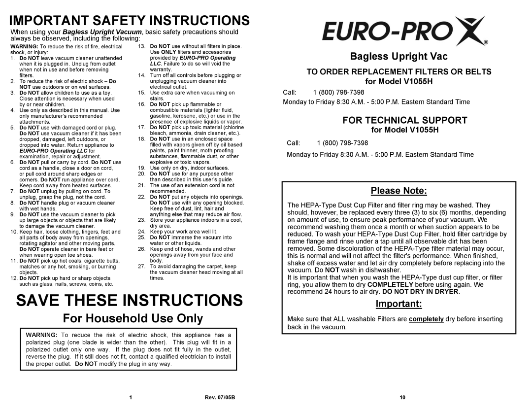 Euro-Pro V1055H owner manual Important Safety Instructions 