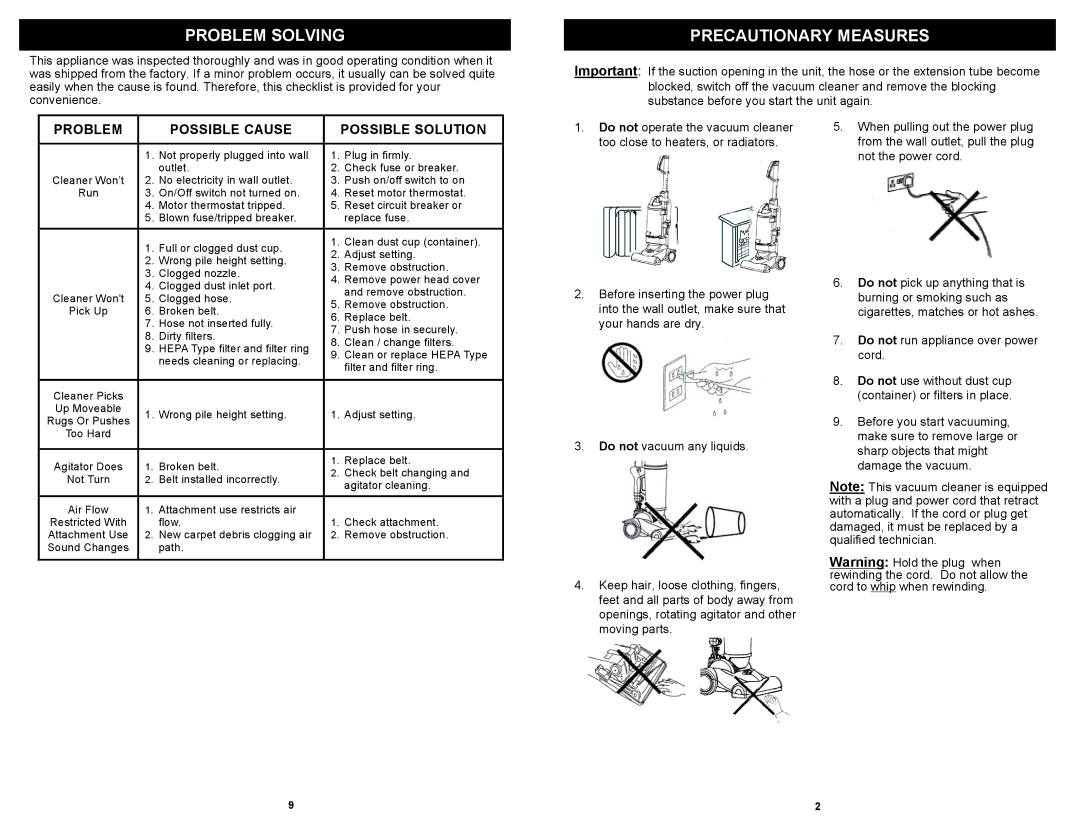 Euro-Pro V1055H owner manual Problem Solving 