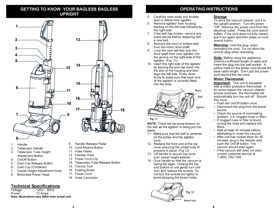 Euro-Pro V1055H owner manual Storage, Motor Thermostat 