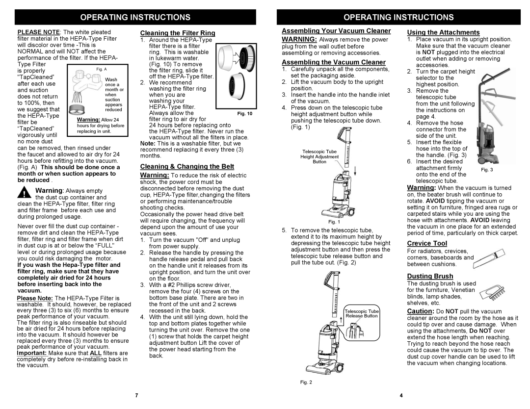 Euro-Pro V1055H Cleaning the Filter Ring, Cleaning & Changing the Belt, Assembling the Vacuum Cleaner, Crevice Tool 