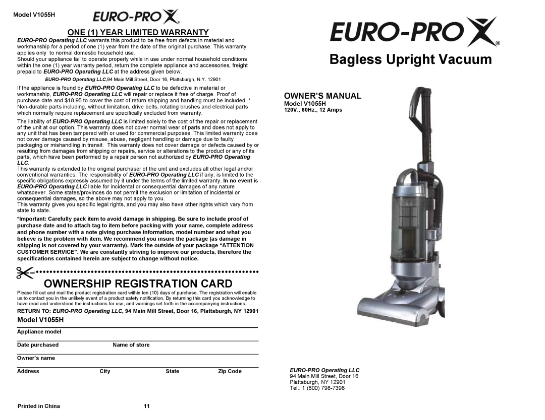 Euro-Pro owner manual Bagless Upright Vacuum, ONE 1 YEAR LIMITED WARRANTY, Owner’S Manual, Model V1055H, Owner’s name 