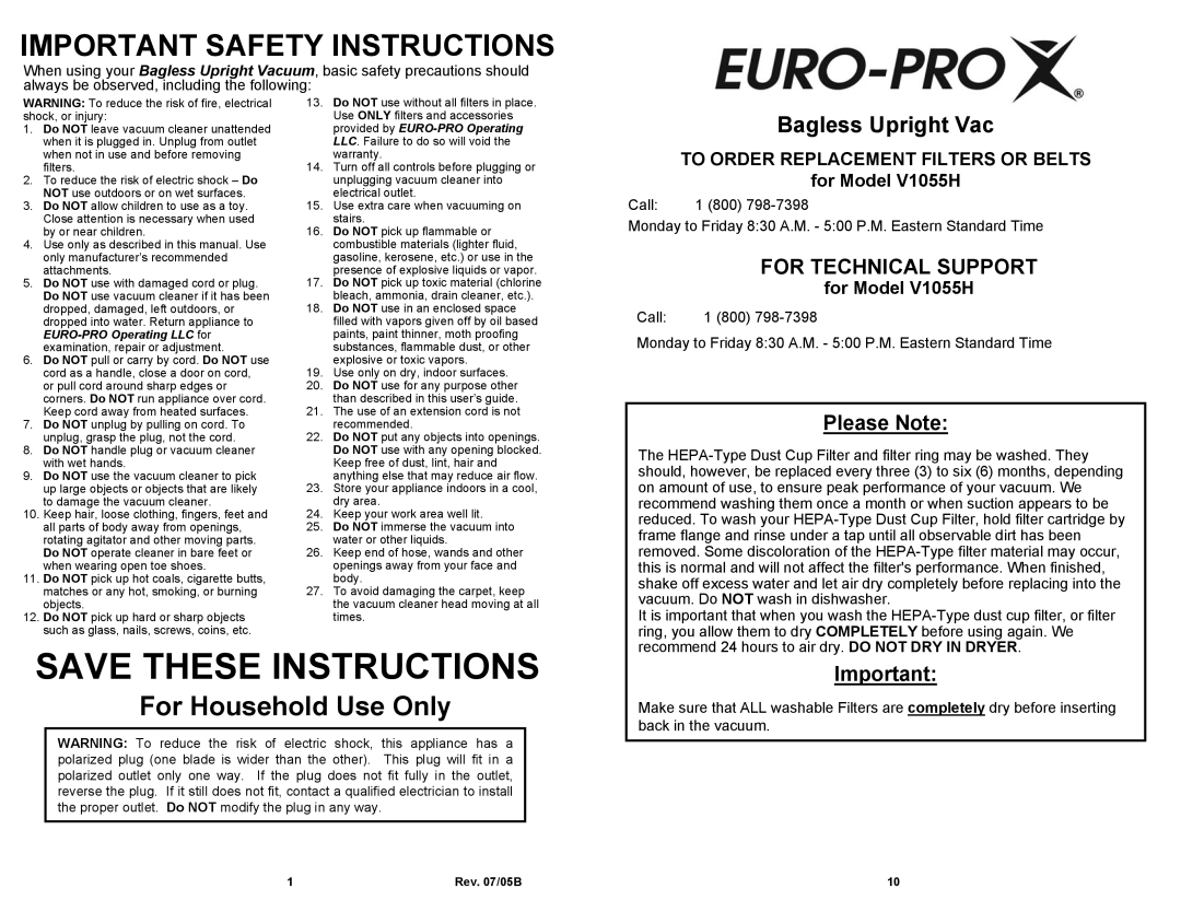 Euro-Pro Important Safety Instructions, for Model V1055H, Save These Instructions, For Household Use Only, Please Note 