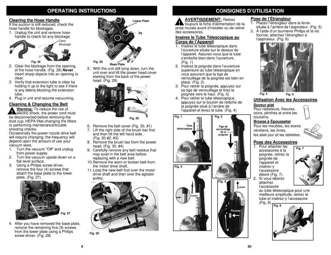 Euro-Pro V1310PT Clearing the Hose Handle, Avertissement Retirez, Insérez le Tube Télescopique au Corps de l’Appareil 