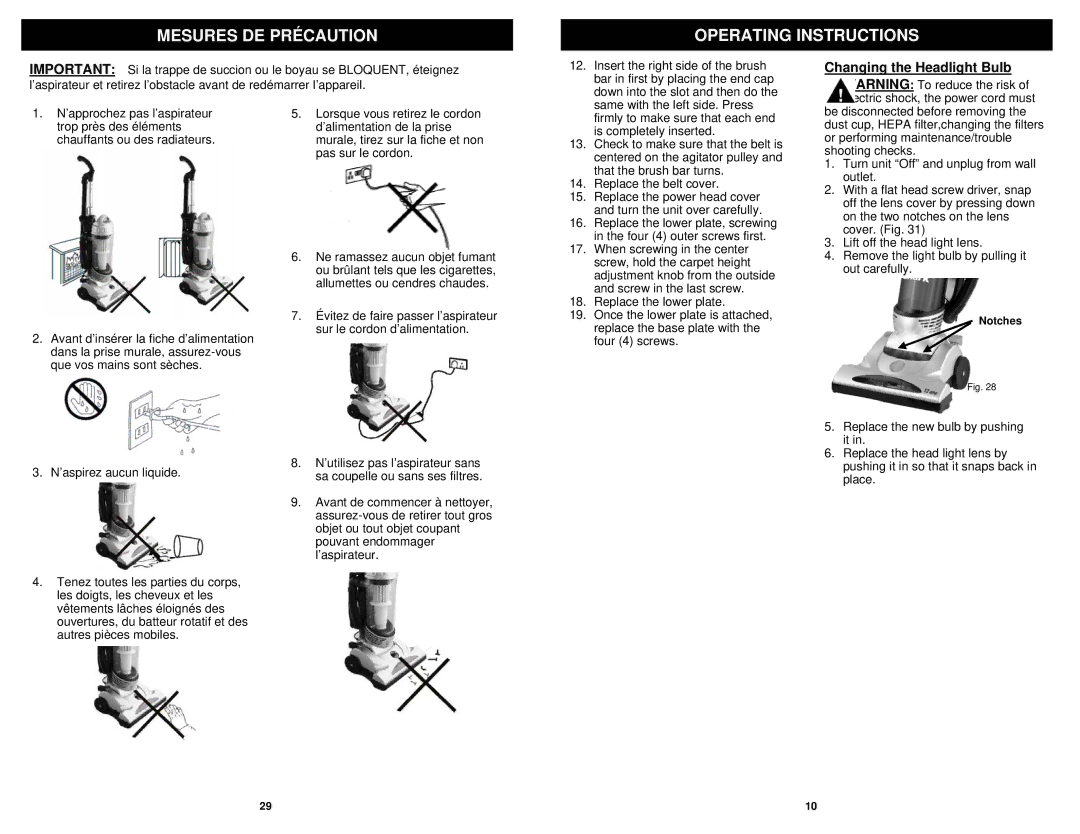 Euro-Pro V1310PT owner manual Mesures DE Précaution Operating Instructions 