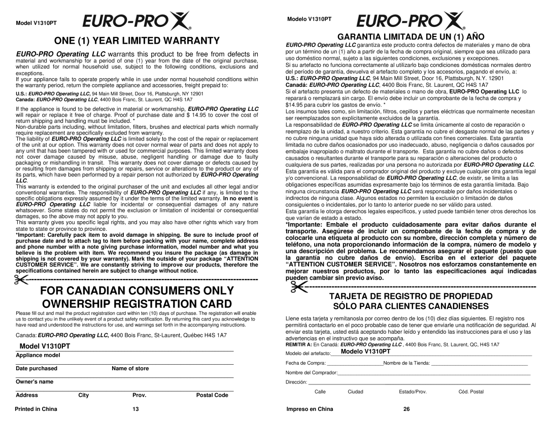 Euro-Pro owner manual ONE 1 Year Limited Warranty, Model V1310PT, Modelo V1310PT 