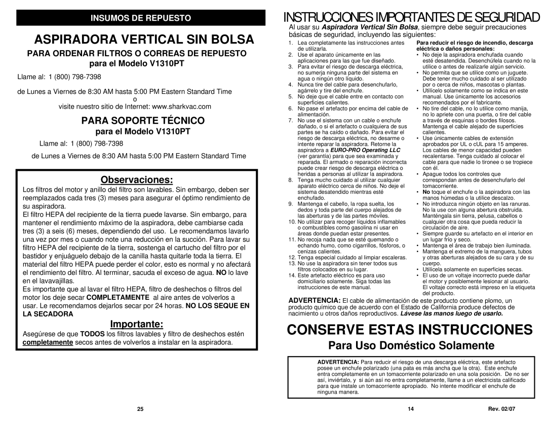 Euro-Pro V1310PT owner manual Para Soporte Técnico, Insumos DE Repuesto, LA Secadora 