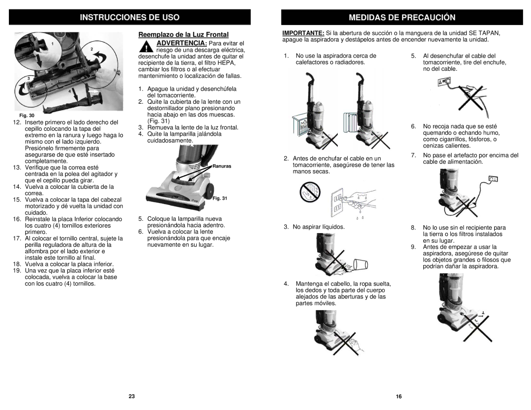 Euro-Pro V1310PT owner manual Instrucciones DE USO Medidas DE Precaución 