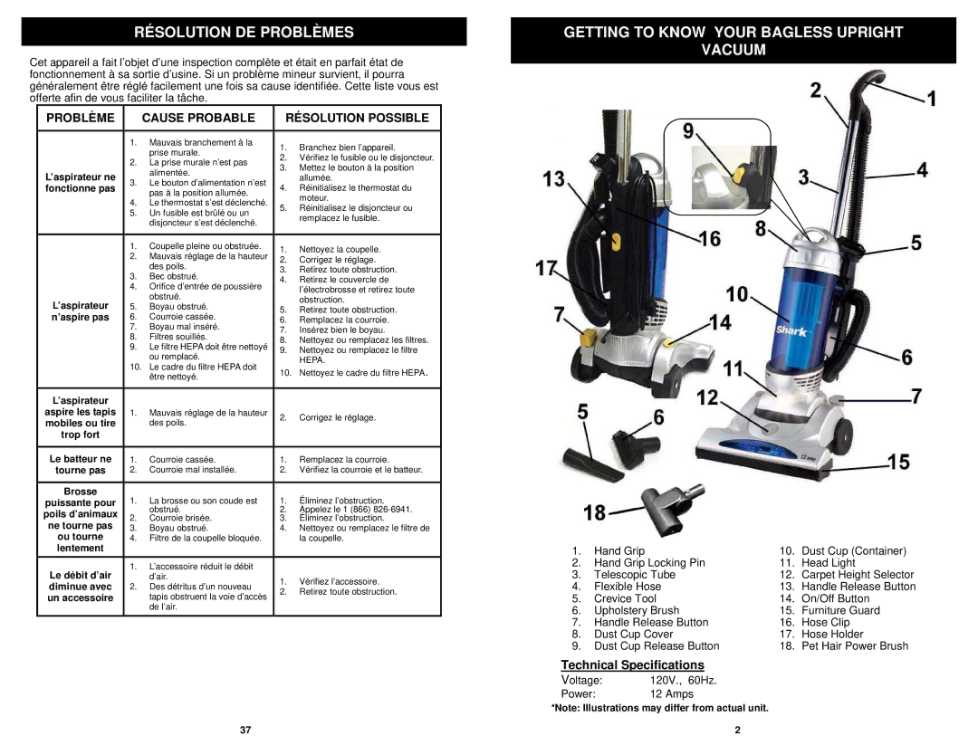 Euro-Pro V1310PT Résolution DE Problèmes, Getting to Know Your Bagless Upright Vacuum, Technical Specifications 