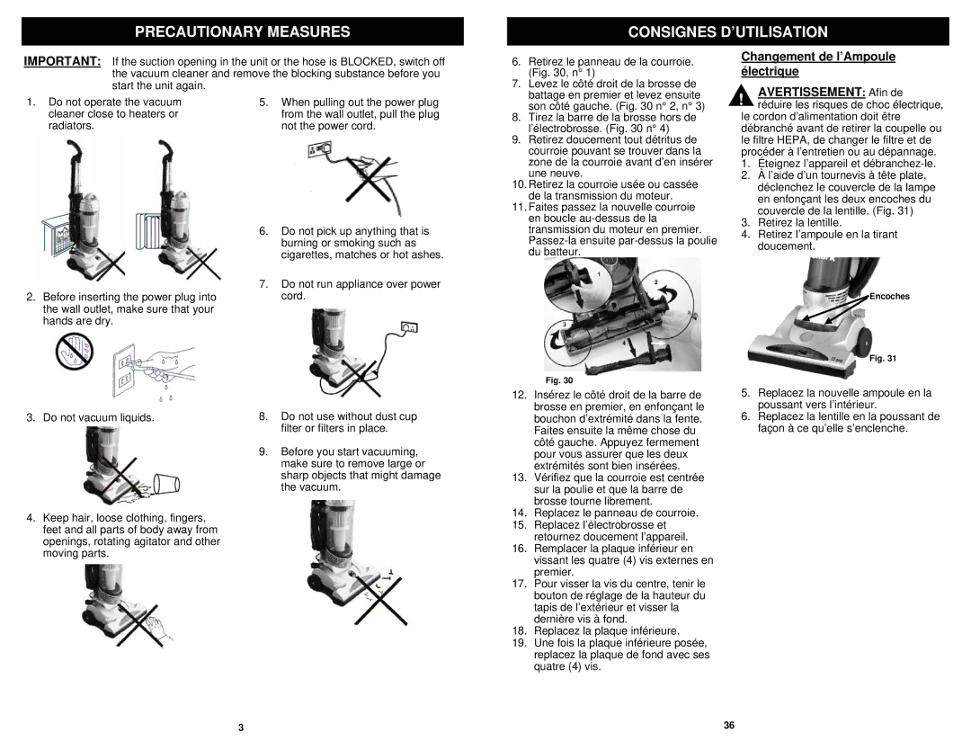 Euro-Pro V1310PT Precautionary Measures Consignes D’UTILISATION, Changement de l’Ampoule électrique Avertissement Afin de 