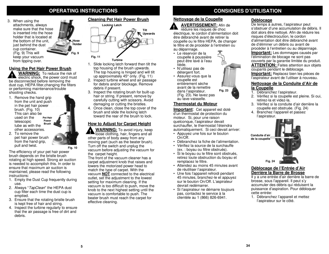 Euro-Pro V1310PT owner manual Operating Instructions Consignes D’UTILISATION 