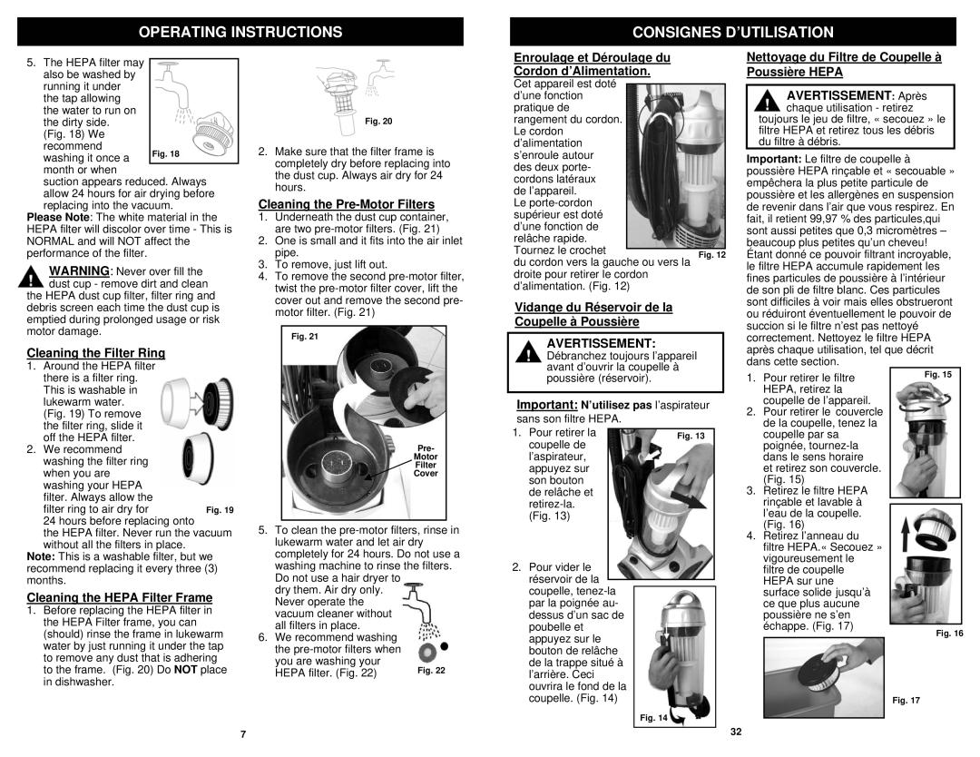 Euro-Pro V1310PT owner manual Avertissement 