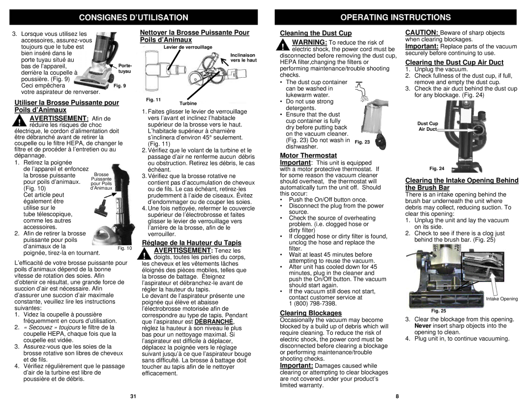 Euro-Pro V1310PT owner manual Utiliser la Brosse Puissante pour, Poils d’Animaux, Cleaning the Dust Cup, Motor Thermostat 