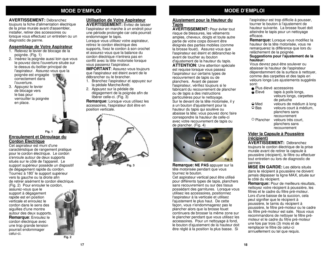 Euro-Pro V1504C manual Mode D’EMPLOI, Ajustement pour la Hauteur du Tapis, Enroulement et Déroulage du Cordon Électrique 