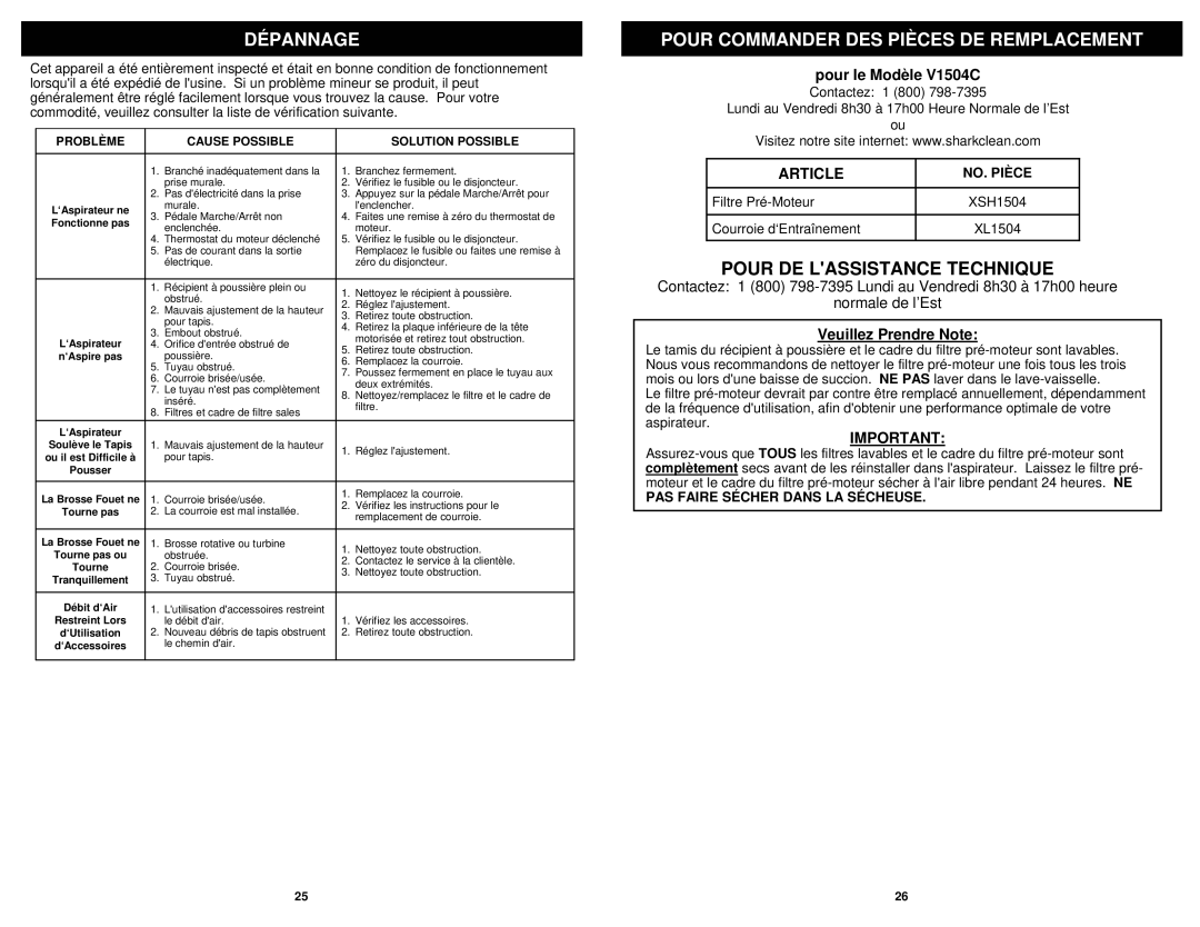 Euro-Pro manual Dépannage, Pour Commander DES Pièces DE Remplacement, Pour le Modèle V1504C, Veuillez Prendre Note 