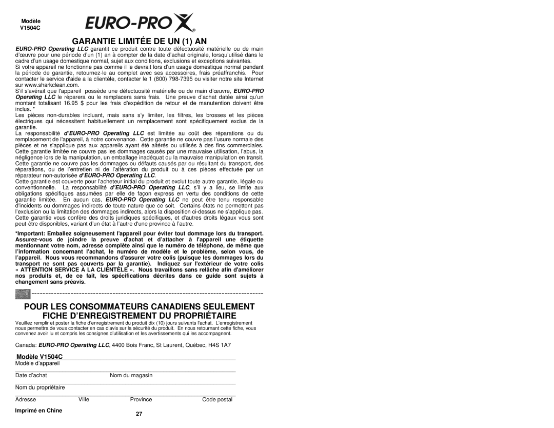 Euro-Pro manual Garantie Limitée DE UN 1 AN, Modèle V1504C 