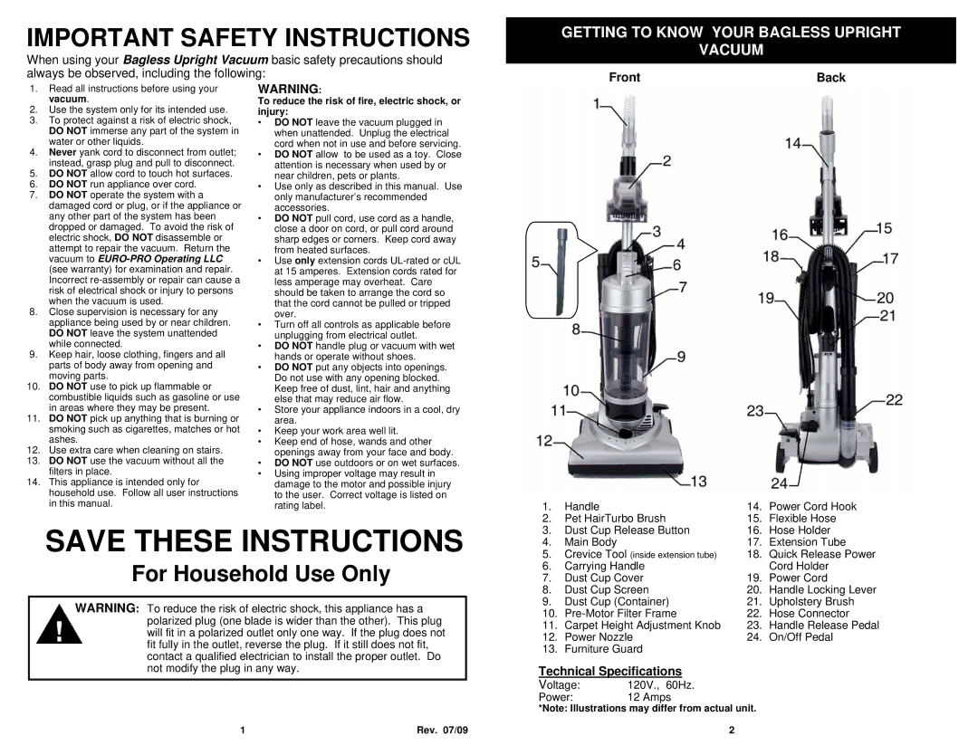 Euro-Pro V1504C manual Getting to Know Your Bagless Upright Vacuum, Front Back, Technical Specifications 