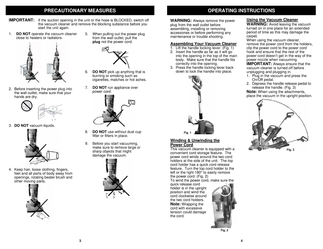 Euro-Pro V1504C manual Precautionary Measures Operating Instructions, Assembling Your Vacuum Cleaner 