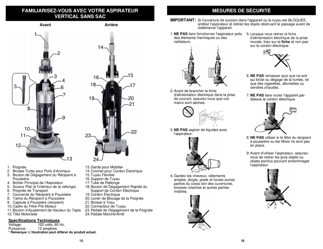 Euro-Pro V1504C manual FAMILIARISEZ-VOUS Avec Votre Aspirateur Vertical Sans SAC, Mesures DE Sécurité, Avant, Arrière 