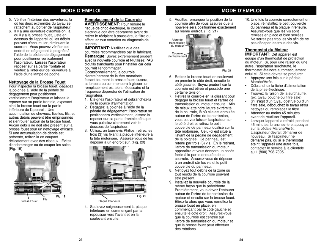 Euro-Pro V1504C manual Nettoyage de la Brosse Fouet, Mode D’Emploi 