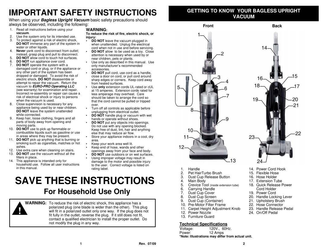 Euro-Pro V1504C Important Safety Instructions, For Household Use Only, Getting To Know Your Bagless Upright Vacuum, Front 