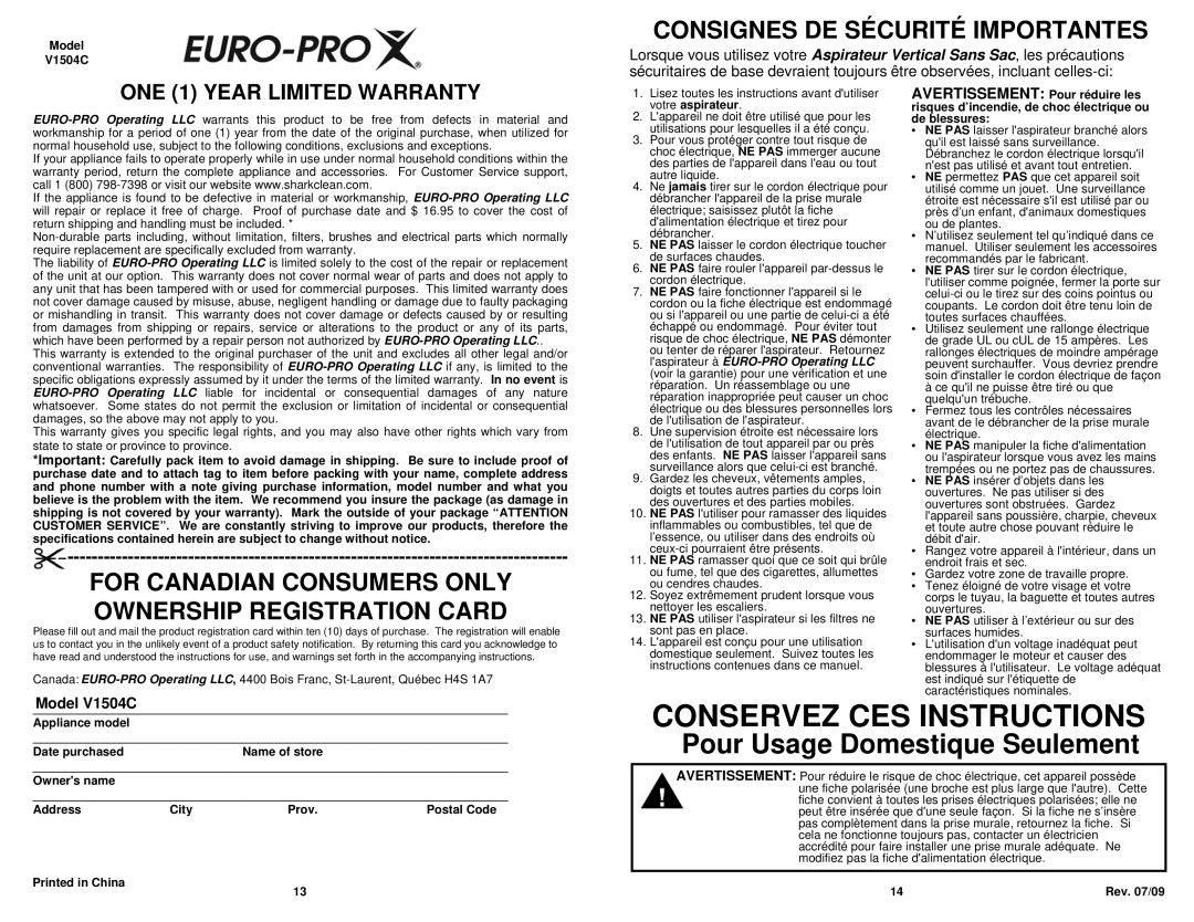 Euro-Pro V1504C Conservez Ces Instructions, Pour Usage Domestique Seulement, Consignes De Sécurité Importantes, Address 