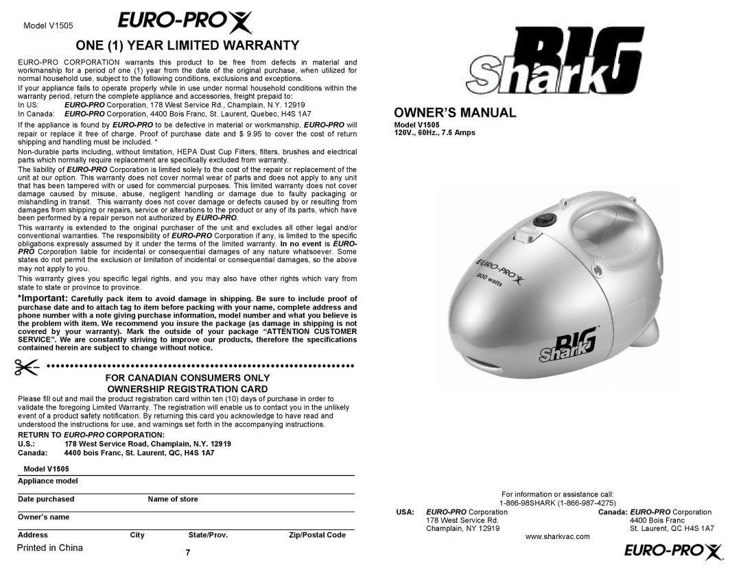 Euro-Pro V1505 owner manual ONE 1 Year Limited Warranty, For Canadian Consumers only Ownership Registration Card 