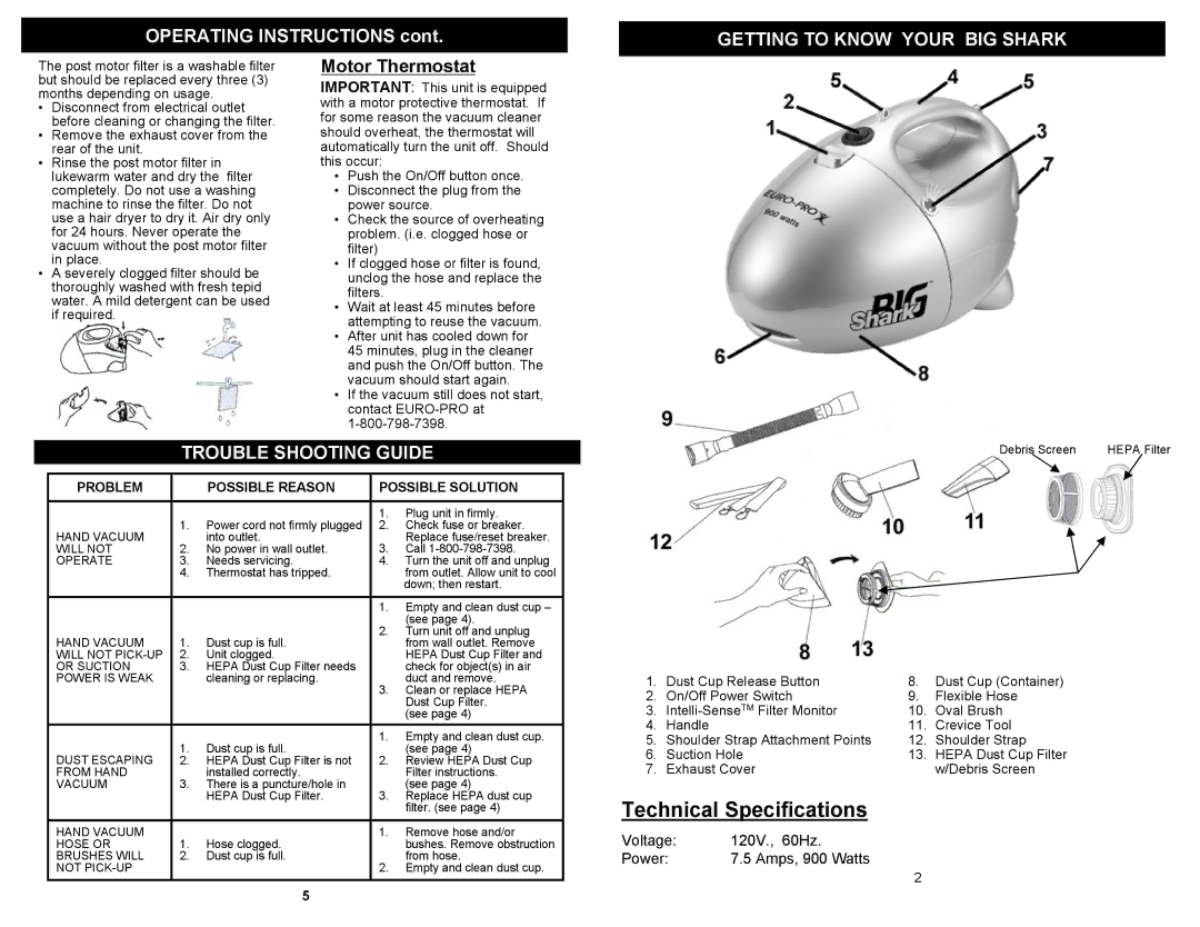 Euro-Pro V1505 owner manual Getting to Know Your BIG Shark, Motor Thermostat, Trouble Shooting Guide 