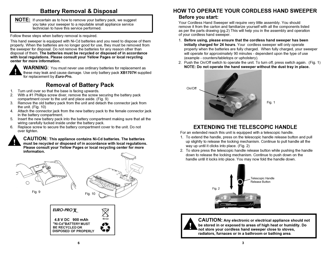 Euro-Pro V1707H owner manual Battery Removal & Disposal, Removal of Battery Pack 