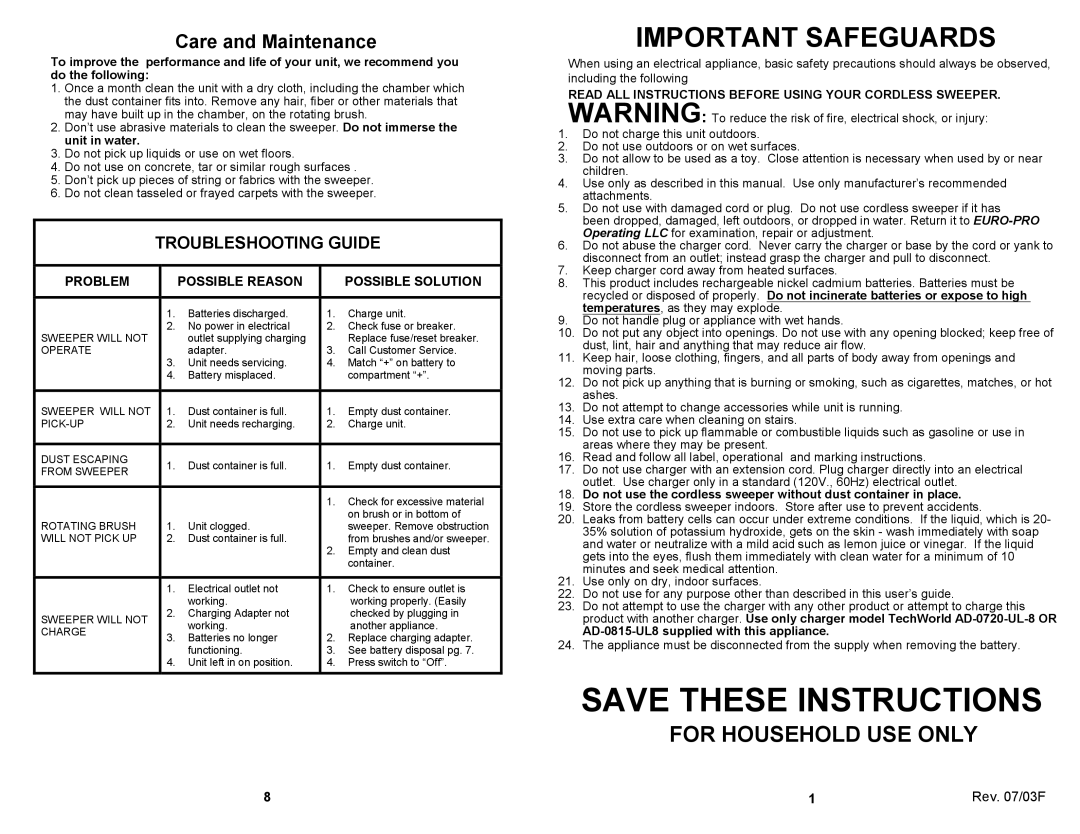 Euro-Pro V1725H owner manual Care and Maintenance, Problem Possible Reason Possible Solution 