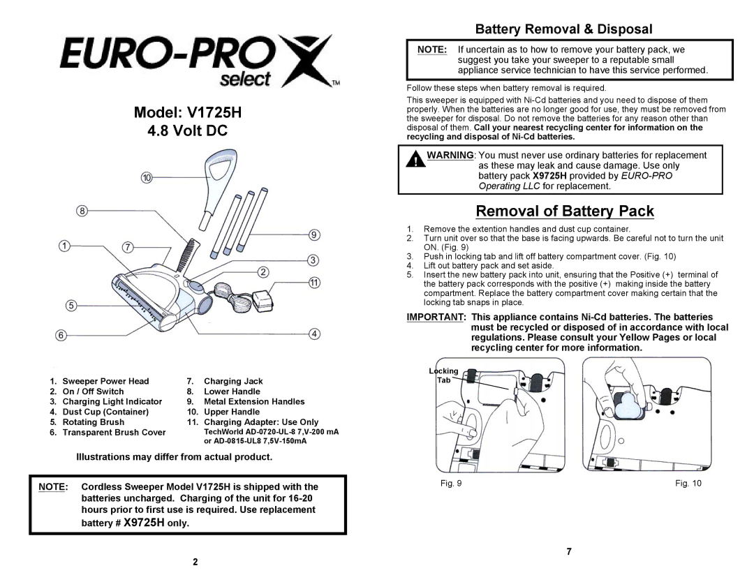 Euro-Pro owner manual Model V1725H Volt DC, Battery Removal & Disposal 