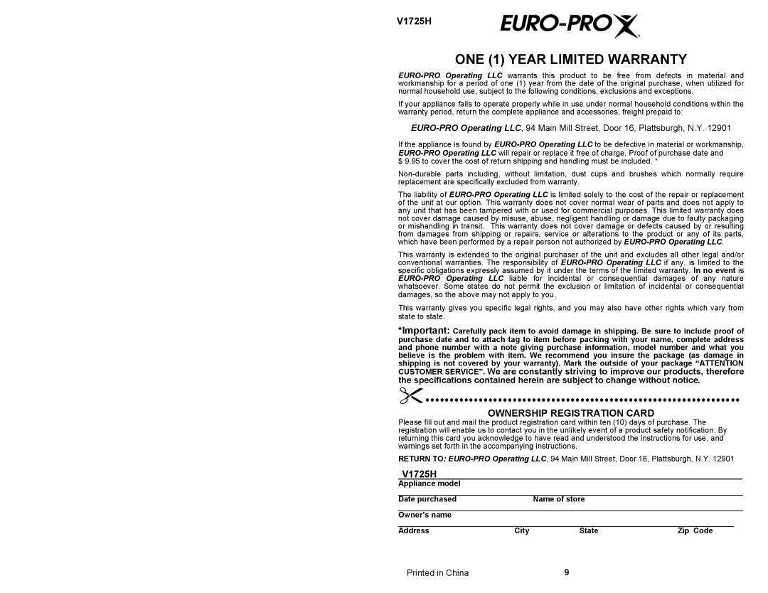 Euro-Pro V1725H owner manual ONE 1 Year Limited Warranty, Ownership Registration Card 