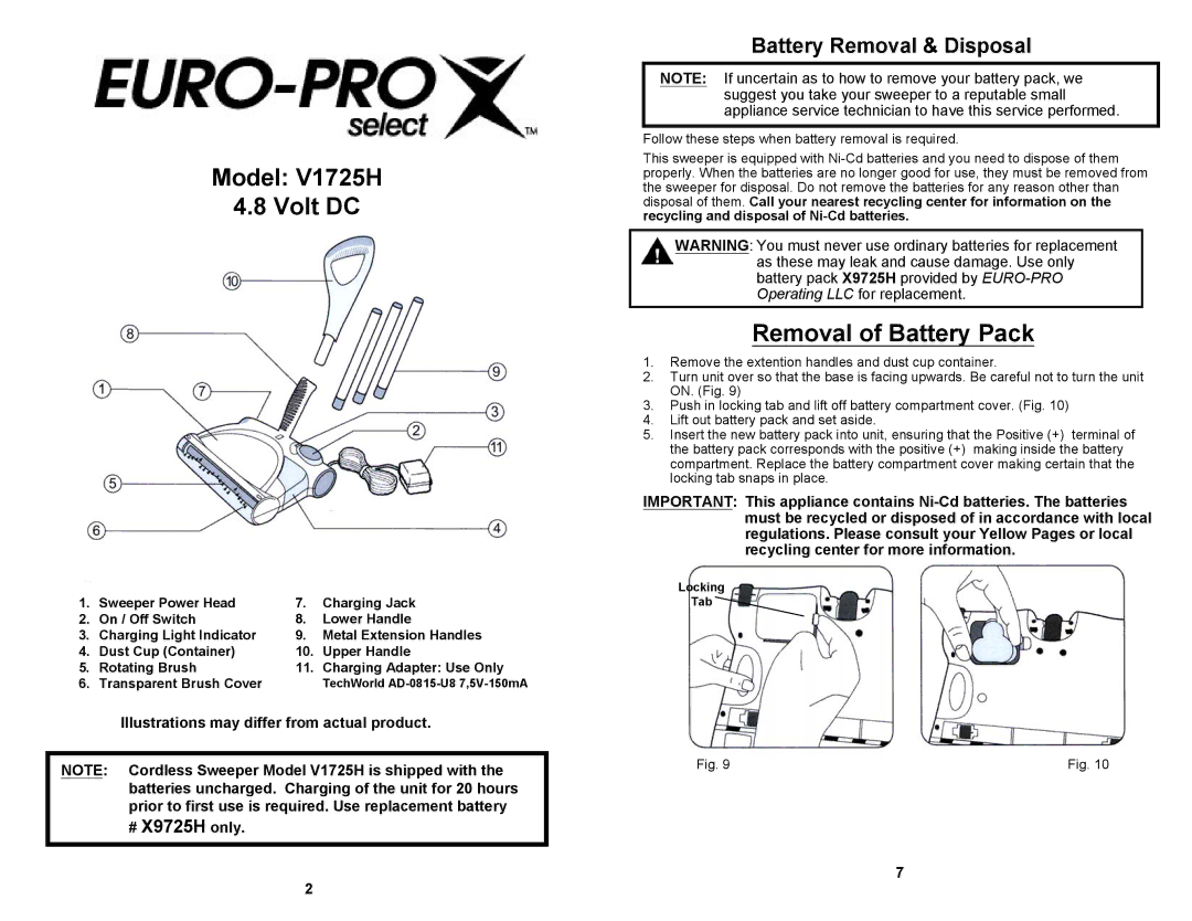 Euro-Pro V1725H owner manual Battery Removal & Disposal, # X9725H only 