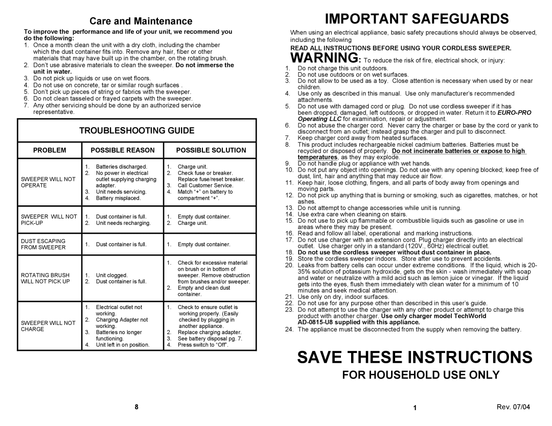 Euro-Pro V1725H owner manual Save These Instructions, For Household Use Only, Care and Maintenance, Troubleshooting Guide 