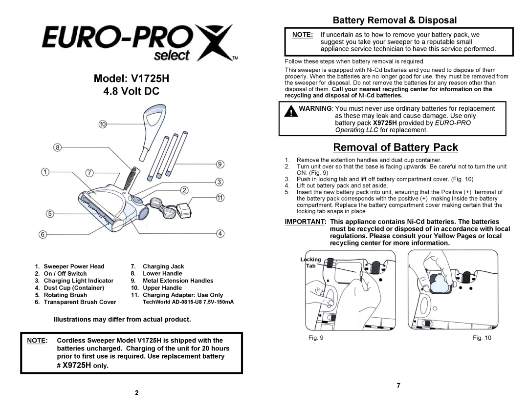 Euro-Pro owner manual Model V1725H 4.8 Volt DC, Removal of Battery Pack, Battery Removal & Disposal, # X9725H only 