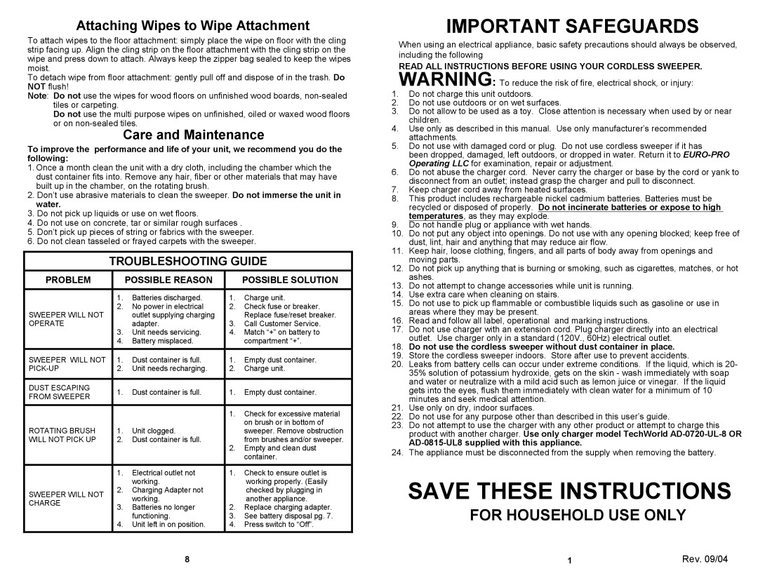 Euro-Pro V1725HY Save These Instructions, For Household Use Only, Attaching Wipes to Wipe Attachment, Care and Maintenance 