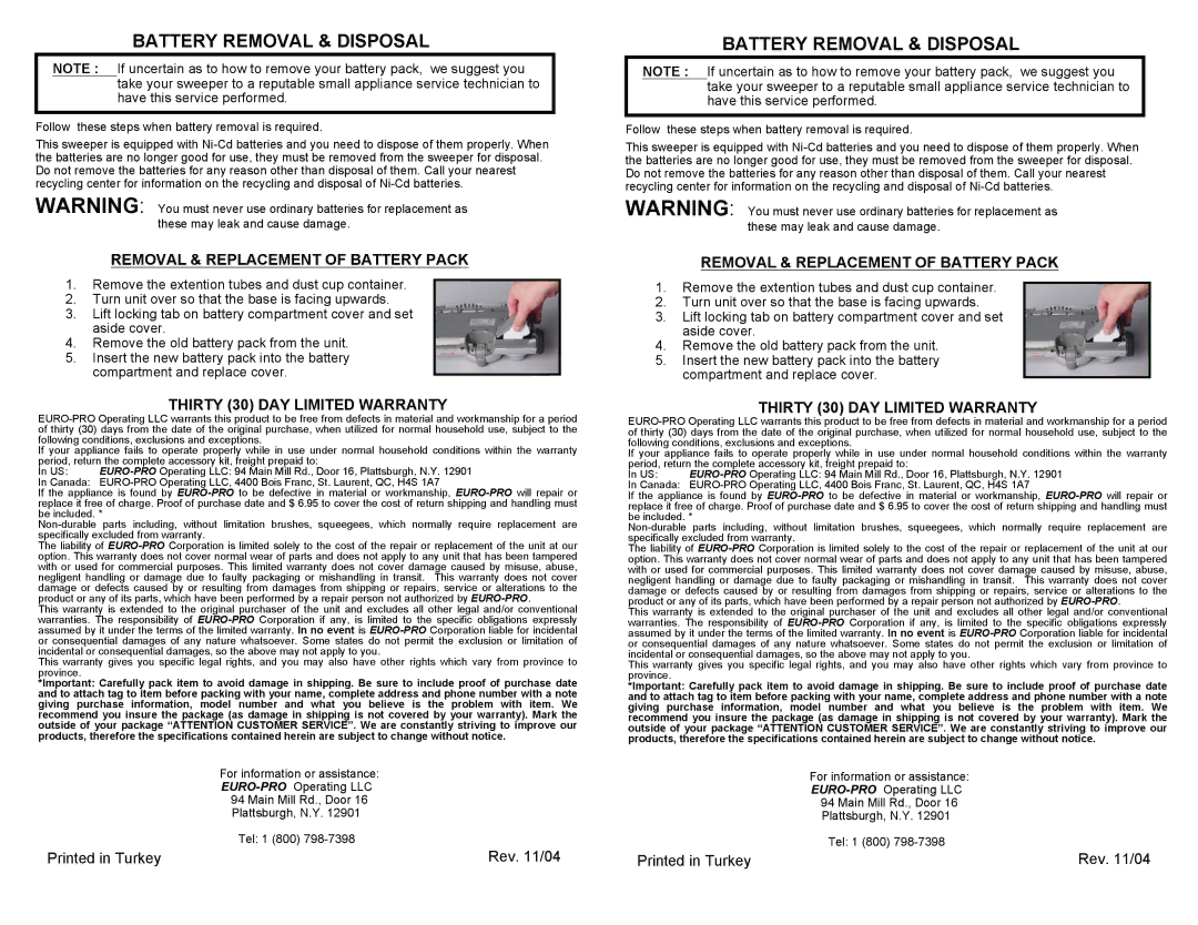 Euro-Pro V1730 Battery Removal & Disposal, Removal & Replacement of Battery Pack, Thirty 30 DAY Limited Warranty 