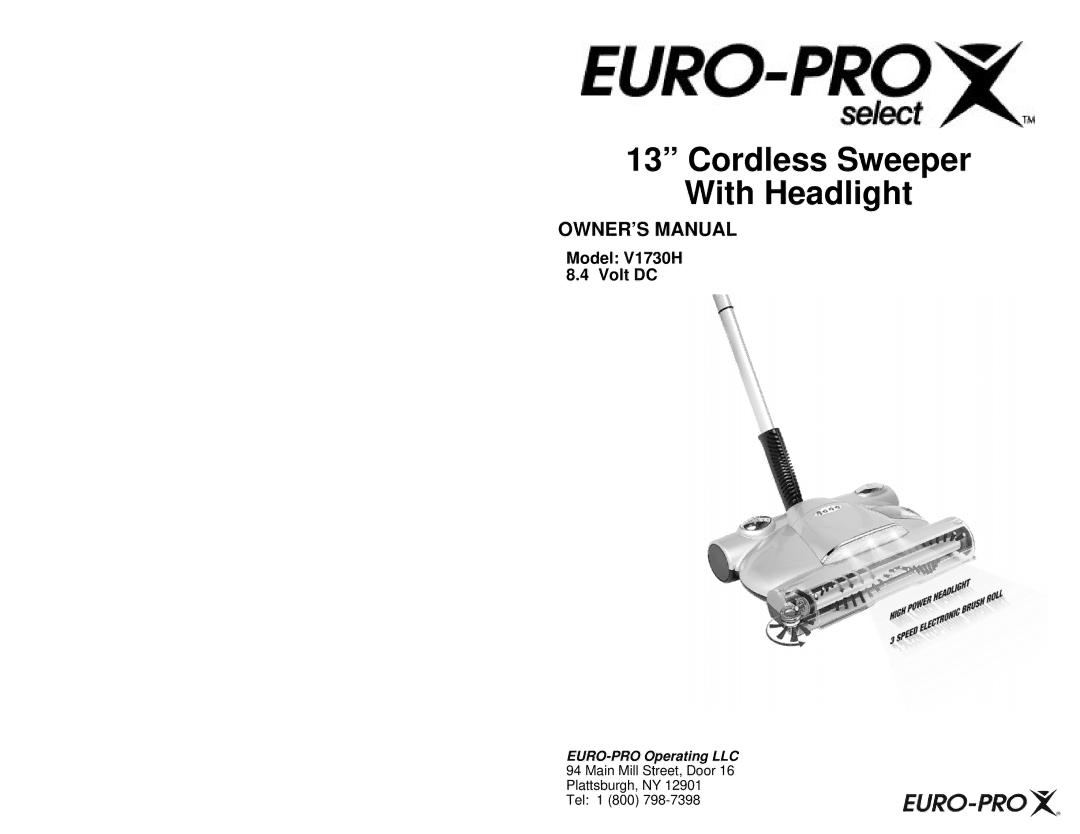 Euro-Pro V1730H owner manual Cordless Sweeper With Headlight 