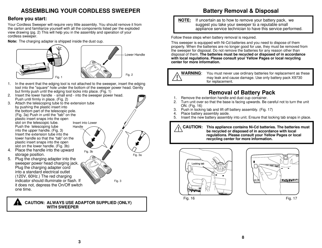 Euro-Pro V1730H owner manual Assembling Your Cordless Sweeper, Battery Removal & Disposal, Removal of Battery Pack 