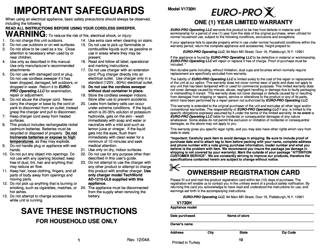 Euro-Pro V1730H Important Safeguards, Ownership Registration Card, ONE 1 YEAR LIMITED WARRANTY, For Household Use Only 