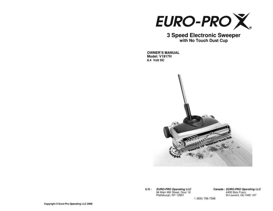 Euro-Pro owner manual Speed Electronic Sweeper, Model V1917H 