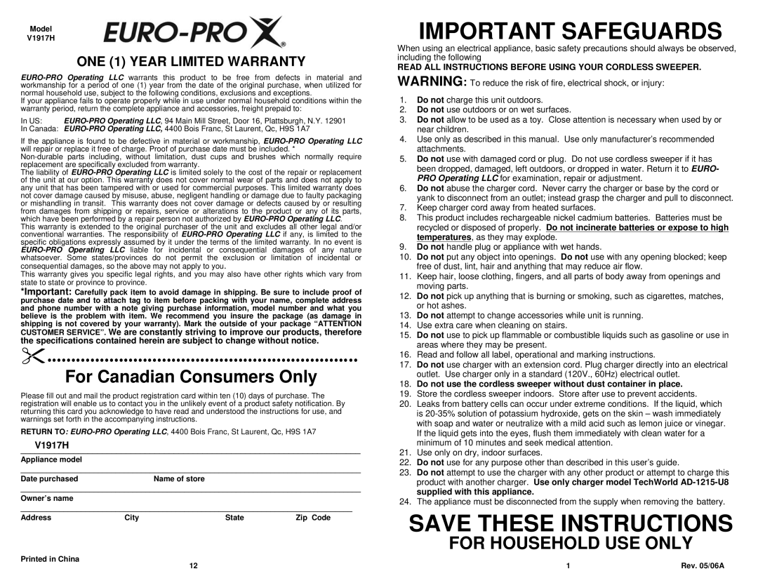 Euro-Pro V1917H owner manual Read ALL Instructions Before Using Your Cordless Sweeper 