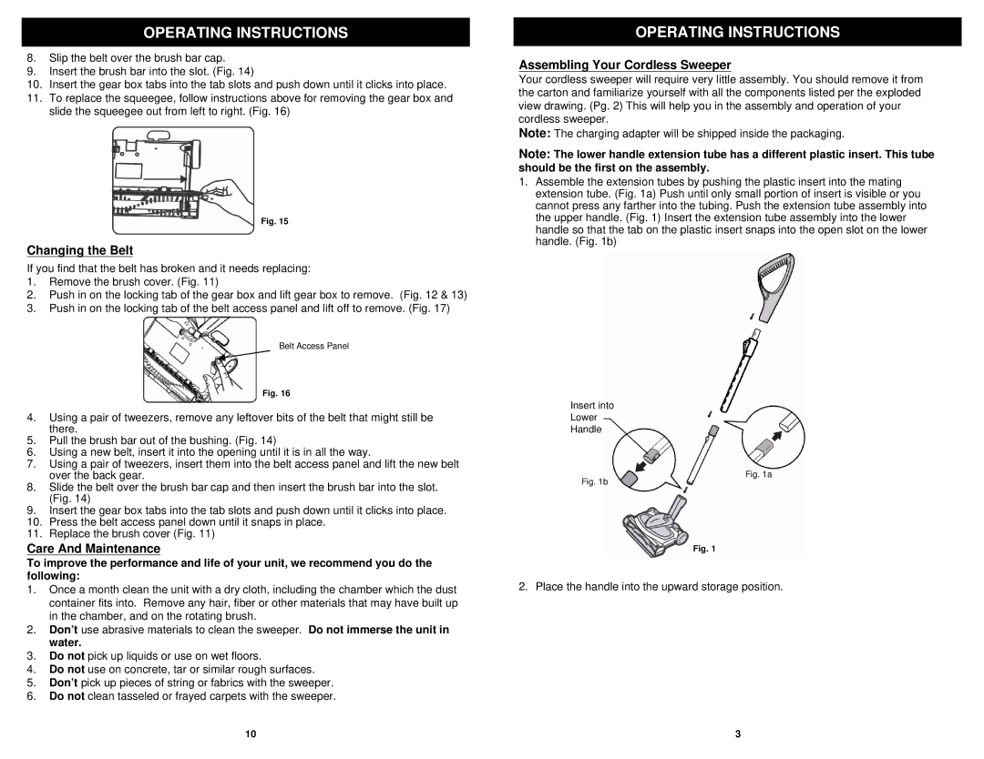 Euro-Pro V1917H owner manual Changing the Belt, Assembling Your Cordless Sweeper, Care And Maintenance 