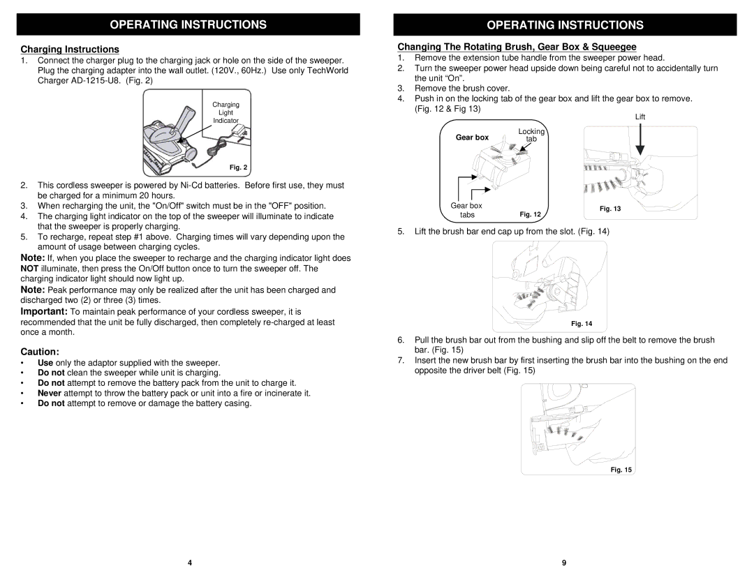 Euro-Pro V1917H owner manual Charging Instructions, Changing The Rotating Brush, Gear Box & Squeegee 