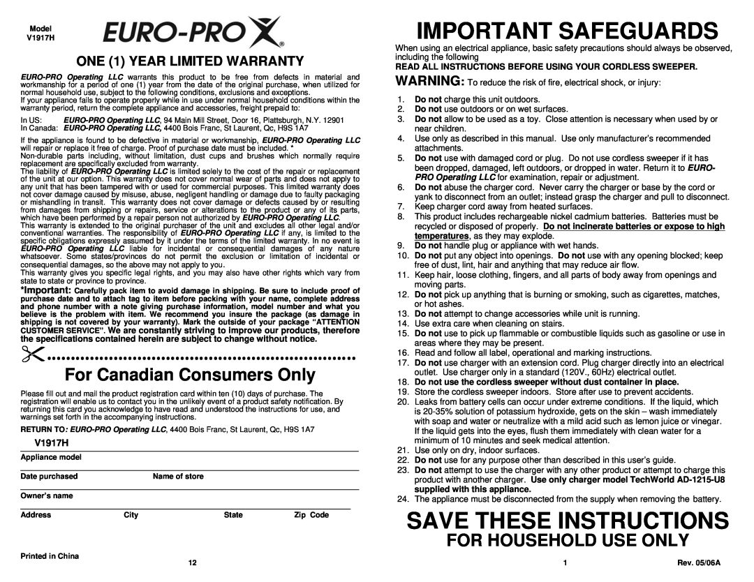Euro-Pro V1917H Important Safeguards, Save These Instructions, For Canadian Consumers Only, For Household Use Only 
