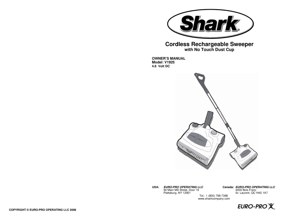 Euro-Pro V1925 owner manual Cordless Rechargeable Sweeper, Model 