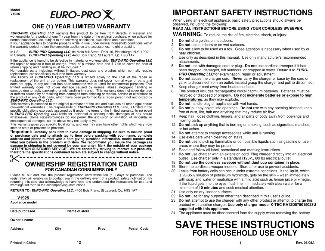 Euro-Pro V1925 owner manual For Canadian Consumers only, Read ALL Instructions Before Using Your Cordless Sweeper 