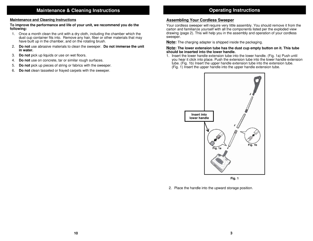 Euro-Pro V1925 owner manual Maintenance & Cleaning Instructions, Assembling Your Cordless Sweeper 