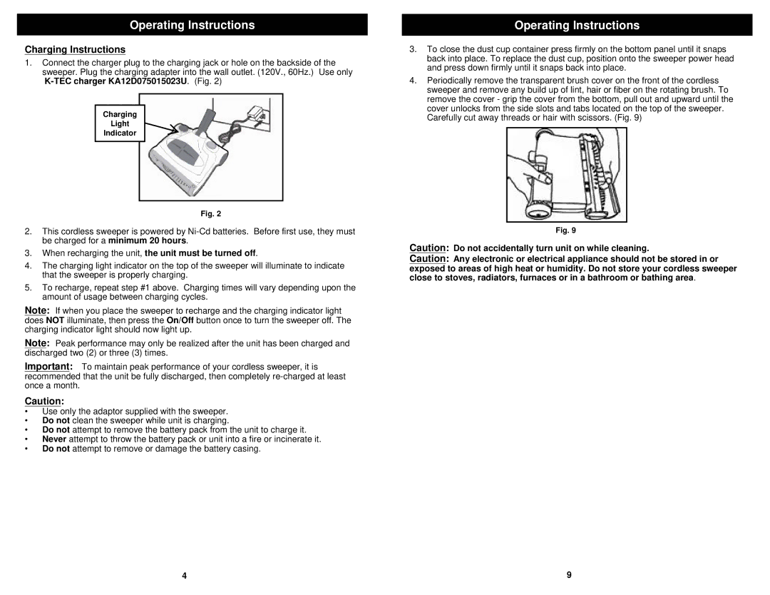 Euro-Pro V1925 owner manual Charging Instructions 